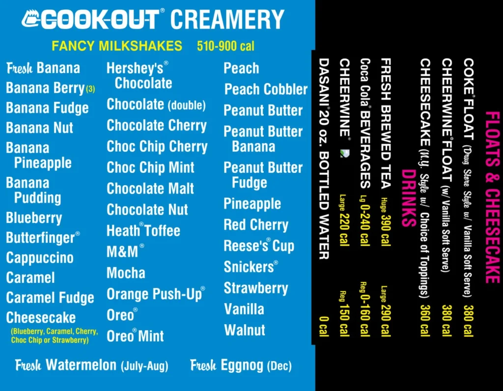 CookOut creamery menu and price list
